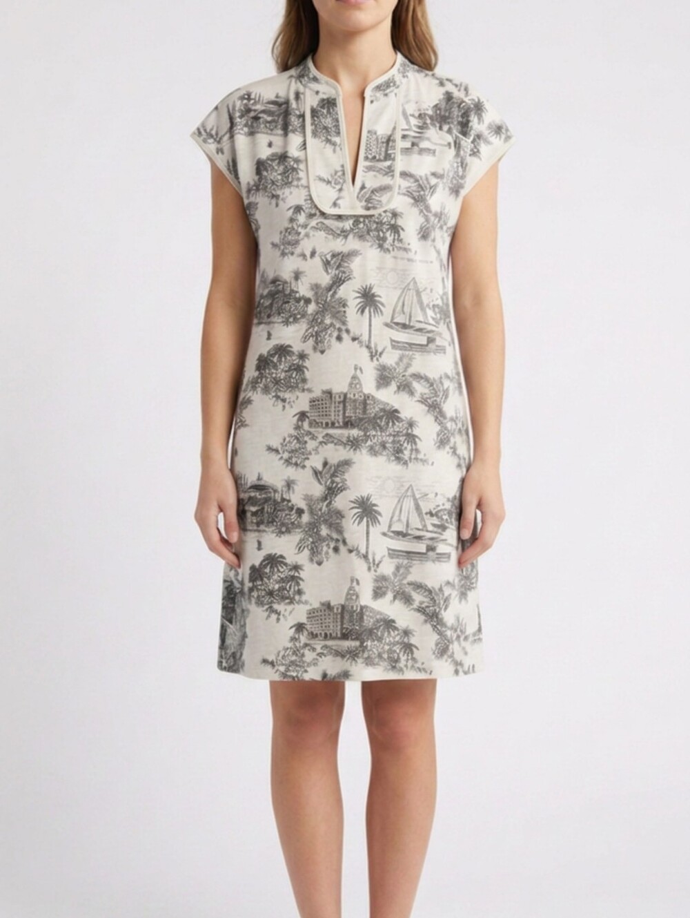Tommy Bahama Split Neck Shift Dress S/P Black White Tropical Toile Cover Up Knit